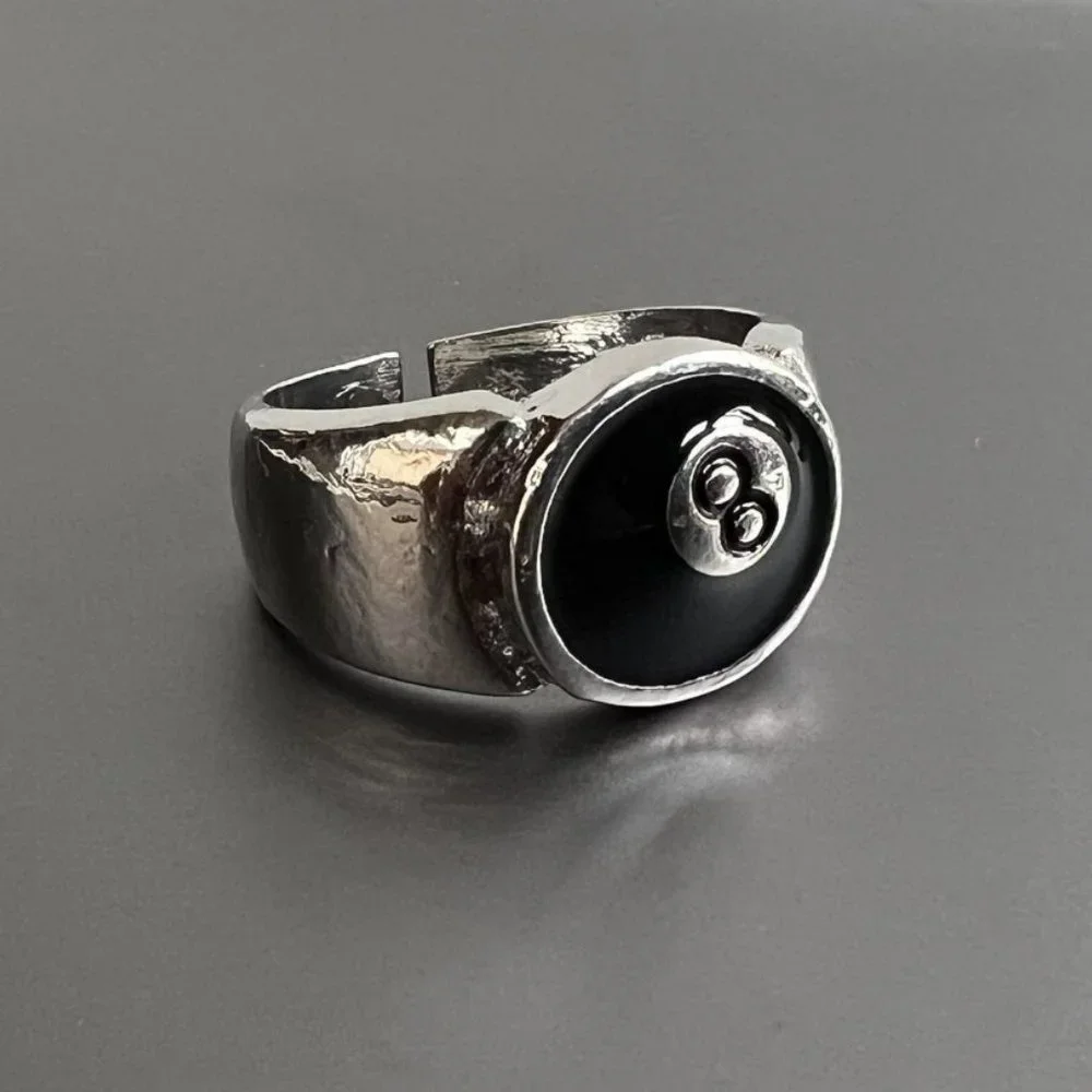 Y2K 2000s vintage style 8-ball chrome silver ring